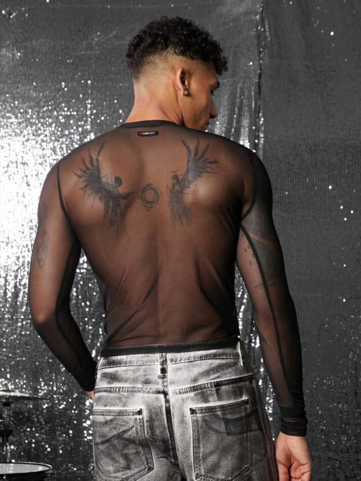 Bonga Boys Sequin Embellished Sheer Sexy Cropped Long Sleeve Round Neck Men T-Shirt
